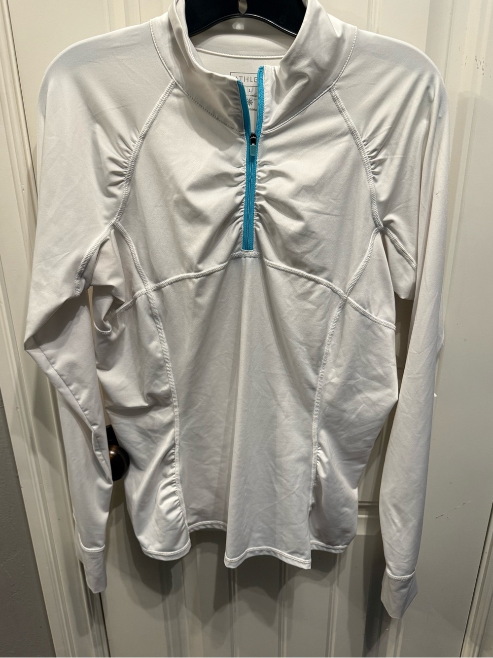 Athleta White Long-Sleeve Quarter-Zip Top with Teal Zip